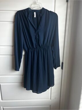 Xhilaration Navy Blue Long Sleeve V-Neck Dress Chiffon